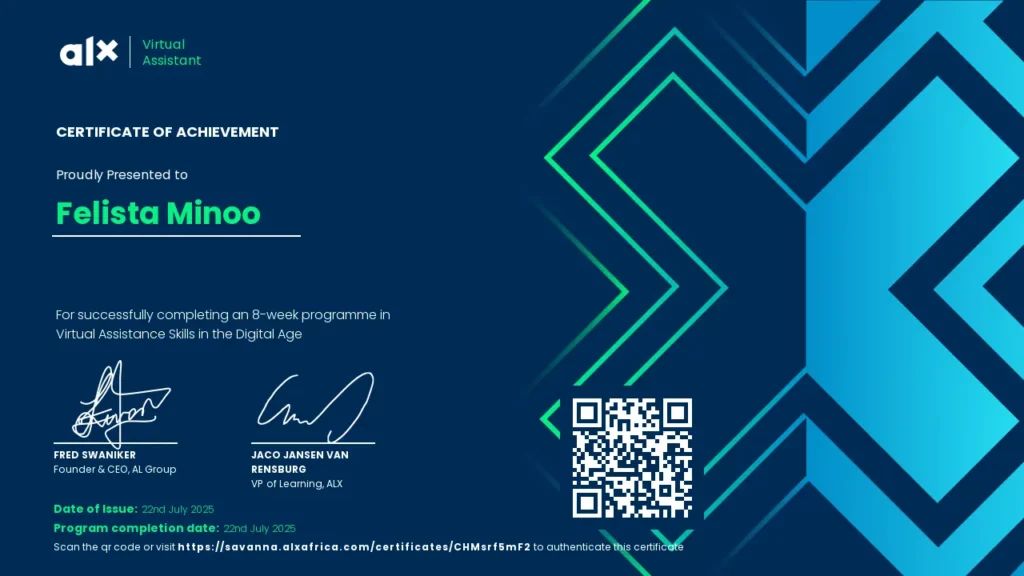 virtual assistant certificate felista minoo